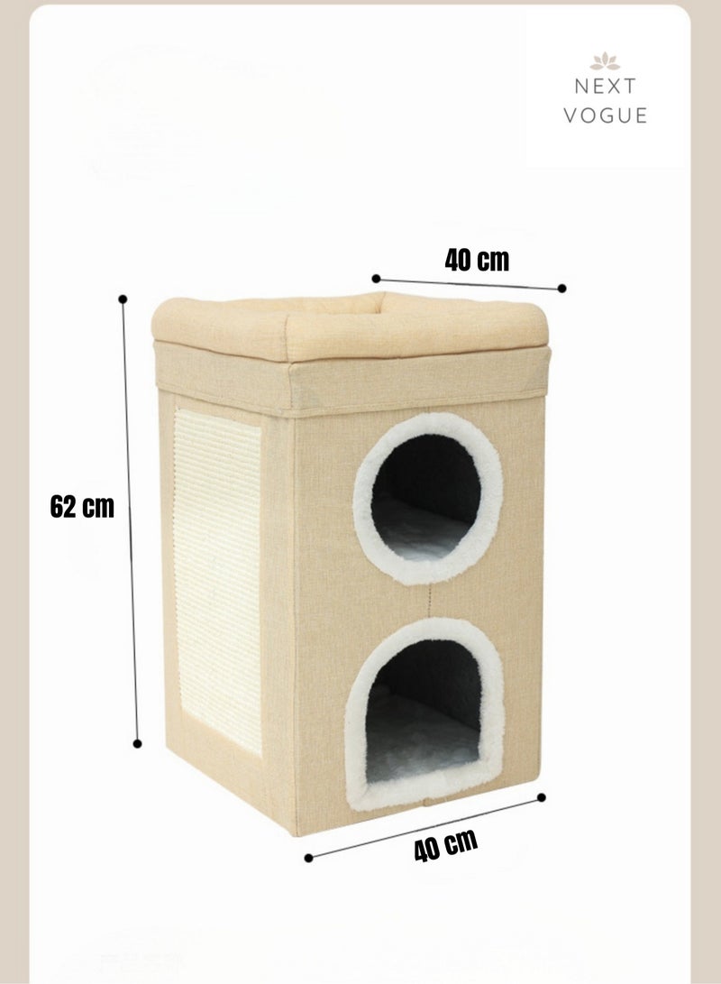Next Vogue Cat House for Indoor Cat, Cat Condo Bed, 3 Layer Cat Bed with Scratch Pad and Hideaway Cube, Large Enclosed Cat Bed for Multi Cats Family, 62x40x40 CM - Image 3