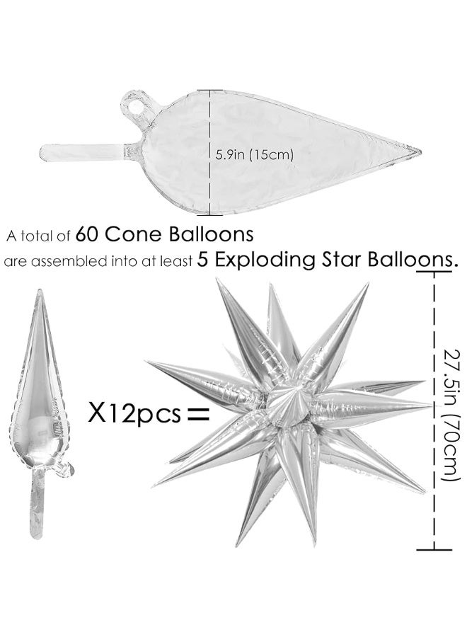 ZAKVOOR 60 Pcs Star Balloons 12 Spike Foil Explosion Party Decoration Balloons for Christmas New Year Eve Birthday (Silver) - Image 1