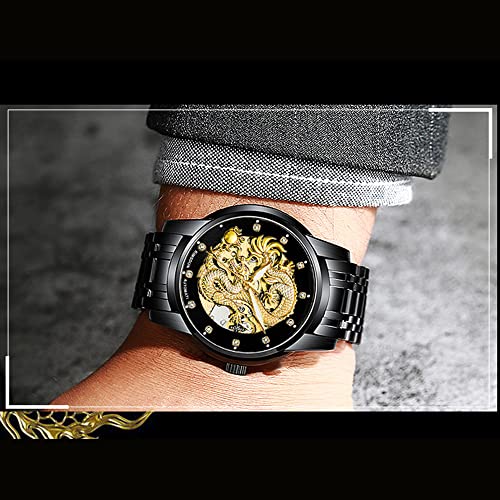 Weicam Men's Luxury Gold Dragon Carved Dial Diamond Automatic Skeleton Mechanical Watch Casual Waterproof Stainless Steel Band Quartz Sport Wristwatch (Black) - Image 2