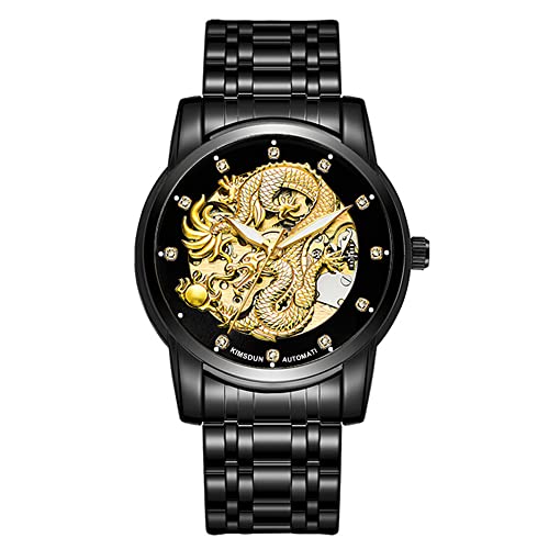 Weicam Men's Luxury Gold Dragon Carved Dial Diamond Automatic Skeleton Mechanical Watch Casual Waterproof Stainless Steel Band Quartz Sport Wristwatch (Black) - Image 1