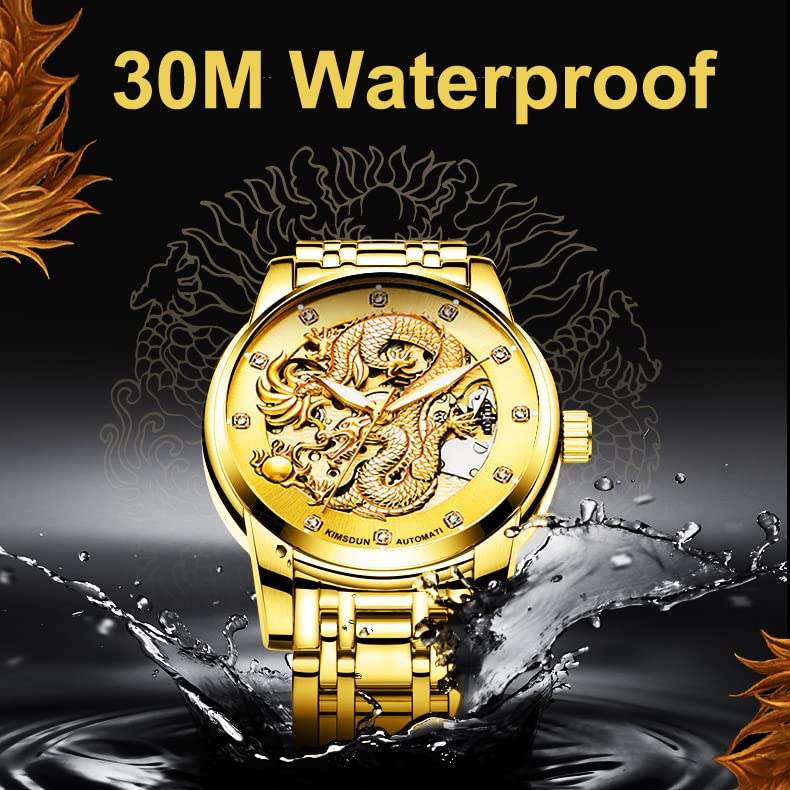 Weicam Men's Luxury Gold Dragon Carved Dial Diamond Automatic Skeleton Mechanical Watch Casual Waterproof Stainless Steel Band Quartz Sport Wristwatch (Black) - Image 5