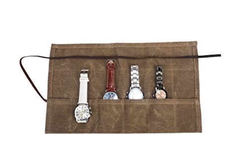 Hersent Waxed Canvas Watch Roll Handmade Waterproof Multi-Purpose Travel Case Watch Roll-up Organizer Holds 6 Wristwatches Best Gift for Him Her Boyfriend Girlfriend Mom Dad Wife & Husband HGJ03-I - Image 1