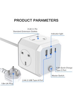 Necomi Multi Plug Extension Lead, 4 Way 4 UK Standard Plugs Socket adapter,1.8M Extension Cord,2 USB + 1 Type C Ports (5V/3.4A Max) for Home|Dorm|Office|Travel  - Image 2