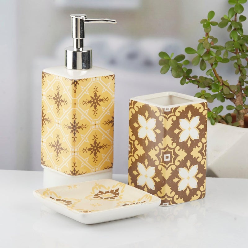 SaSaSa Ceramic Bathroom Accessories Set of 3, Modern Bath Set with Liquid handwash Soap Dispenser and Toothbrush Holder, Luxury Gift Accessory for Home, Yellow (10423) - Image 1