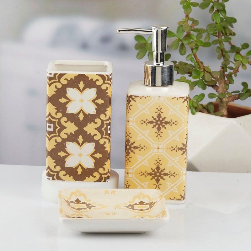 SaSaSa Ceramic Bathroom Accessories Set of 3, Modern Bath Set with Liquid handwash Soap Dispenser and Toothbrush Holder, Luxury Gift Accessory for Home, Yellow (10423) - Image 4