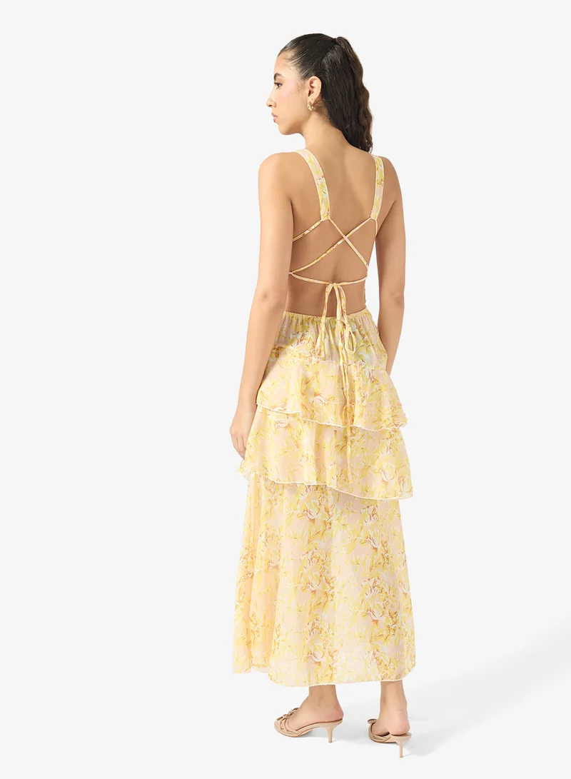 Ginger Plunge Neck Floral Ruffle Detail Dress