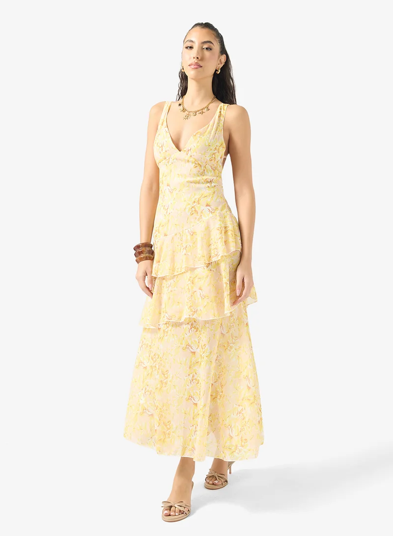 Ginger Plunge Neck Floral Ruffle Detail Dress