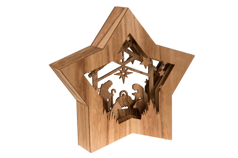 Clever Creations Wooden Star Shaped Nativity Scene Christmas Ornament Festive LED Holiday Dcor for Shelves and Tables Brown