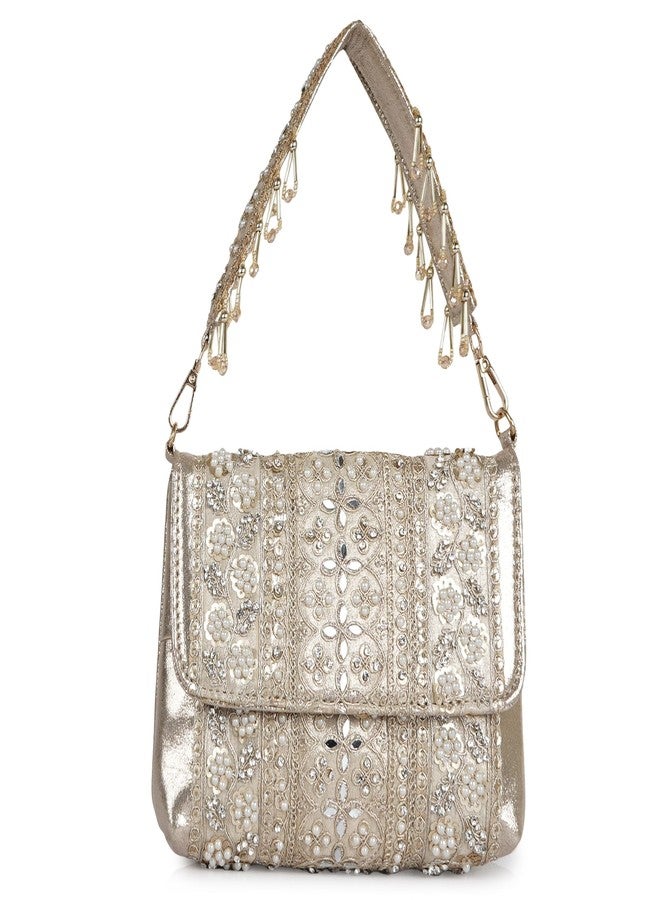 Nevis Stylish Embroidery Unique Design Traditional Wedding Party Handheld Potli Bag For Women (GOLD) - Image 1