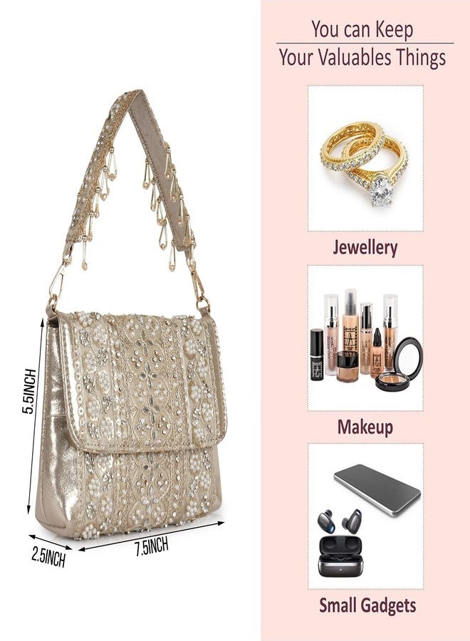 Nevis Stylish Embroidery Unique Design Traditional Wedding Party Handheld Potli Bag For Women (GOLD) - Image 4
