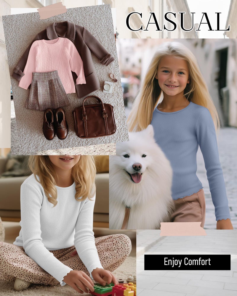 LessonZoo 3 Pack Girls' Long Sleeve Tops Crewneck Ribbed Tees Shirt Cotton Lettuce Trim Cute Undershirt Base Layering(White, Macaron Blue, Macaron Pink,7-8 Years) - Image 4