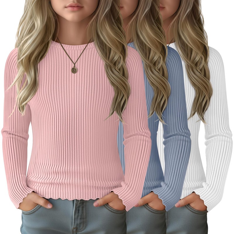 LessonZoo 3 Pack Girls' Long Sleeve Tops Crewneck Ribbed Tees Shirt Cotton Lettuce Trim Cute Undershirt Base Layering(White, Macaron Blue, Macaron Pink,7-8 Years) - Image 1
