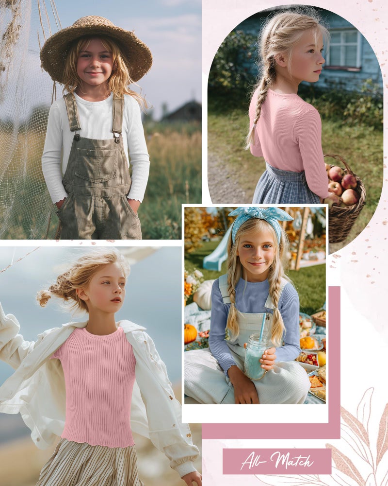 LessonZoo 3 Pack Girls' Long Sleeve Tops Crewneck Ribbed Tees Shirt Cotton Lettuce Trim Cute Undershirt Base Layering(White, Macaron Blue, Macaron Pink,7-8 Years) - Image 2