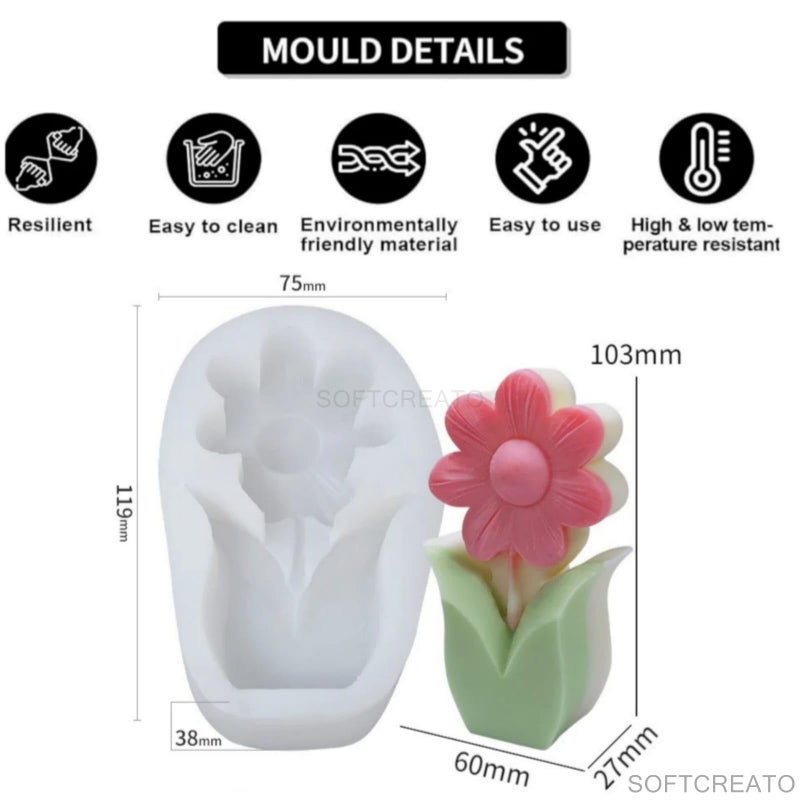 SOFTCREATO Flower Silicone Candle Mould | 3D Sunflower Daisy Flower Stick Candle Silicone Mold I Candle Casting Molds for DIY Handmade Chocolate, Cake Décor, Fondant, Aromatherapy, Soap, Polymer Clay Resin Art Craft Making (1 pcs) - Image 3