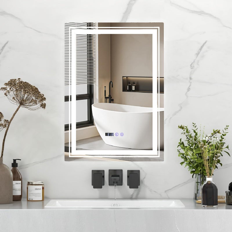 مرآة حمام COSTWAY مع أضواء LED 700x500 مم مرآة تجميل مضاءة مثبتة على الحائط مع عرض درجة الحرارة والوقت القابل للتعتيم بثلاثة ألوان وذاكرة وزر لمسي ومضادة للضباب مرآة مكياج LED مستطيلة على الحائط