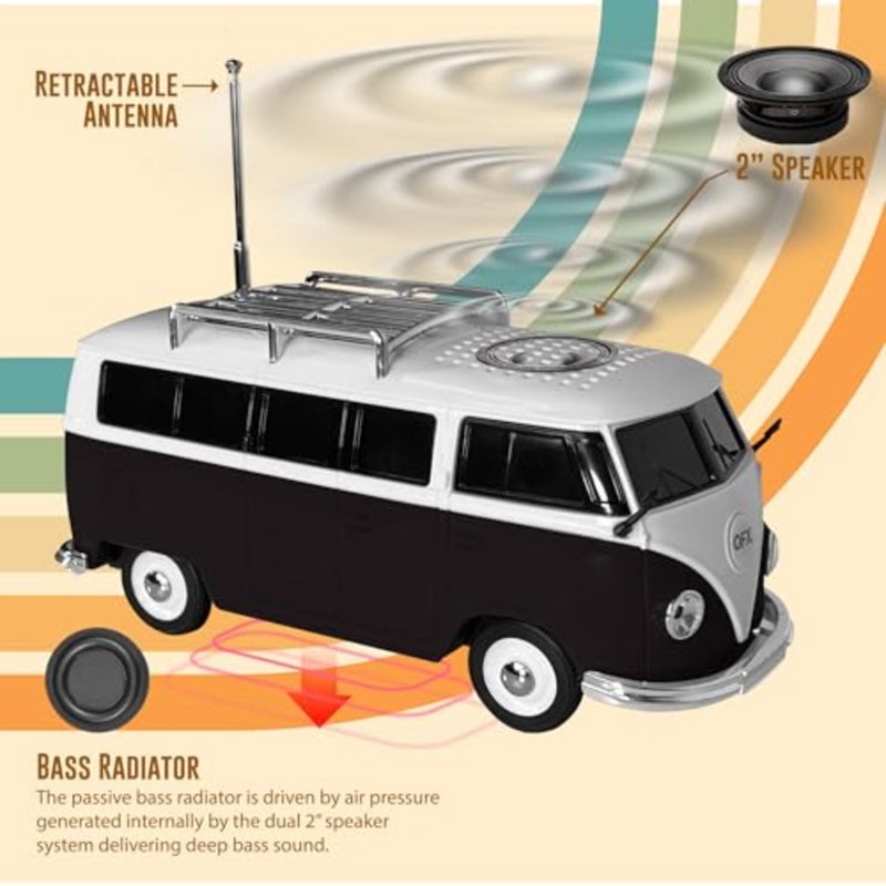 Bluetooth 1961 Retro Mini Bus Speaker, 2-Inch Speaker, Hands-Free Link, Built-in Microphone, FM Radio, and LED Party Lights, Blue - BT-1961-BLK - Image 3