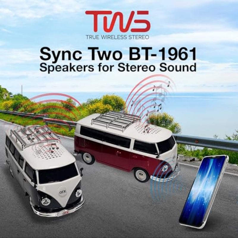 Bluetooth 1961 Retro Mini Bus Speaker, 2-Inch Speaker, Hands-Free Link, Built-in Microphone, FM Radio, and LED Party Lights, Blue - BT-1961-BLK - Image 4