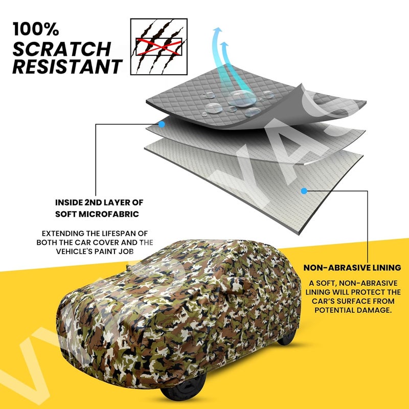 VYAS 100% Waterproof Car Body Cover for Maruti Suzuki New Alto (2023-2025) with Mirror Pocket Triple Stitched Belt & Buckle Fitting Dual Elastic, Durable Material Jungle Print Camouflage Design - Image 4