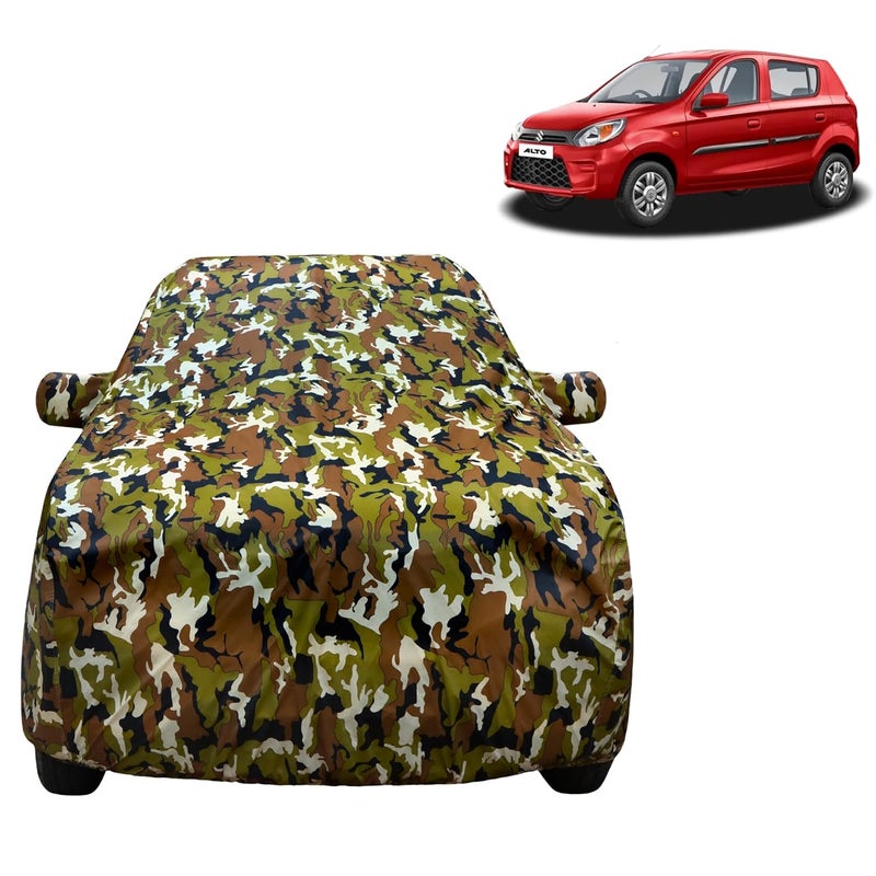 VYAS 100% Waterproof Car Body Cover for Maruti Suzuki New Alto (2023-2025) with Mirror Pocket Triple Stitched Belt & Buckle Fitting Dual Elastic, Durable Material Jungle Print Camouflage Design - Image 1