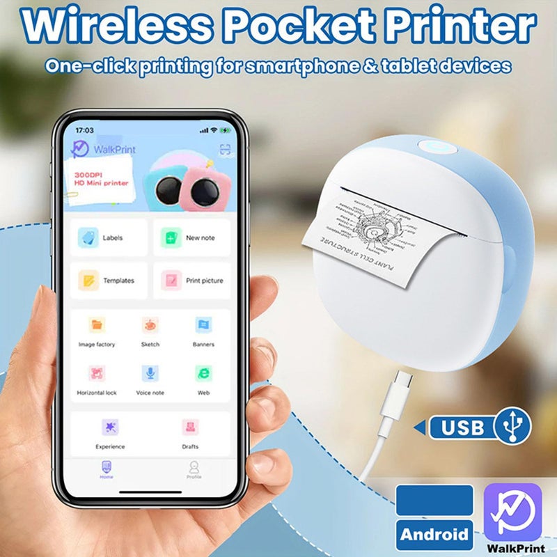 طابعة حرارية محمولة للهواتف الذكية مع دعم WalkPrint للطباعة بدون حبر باللون الأزرق - Image 4