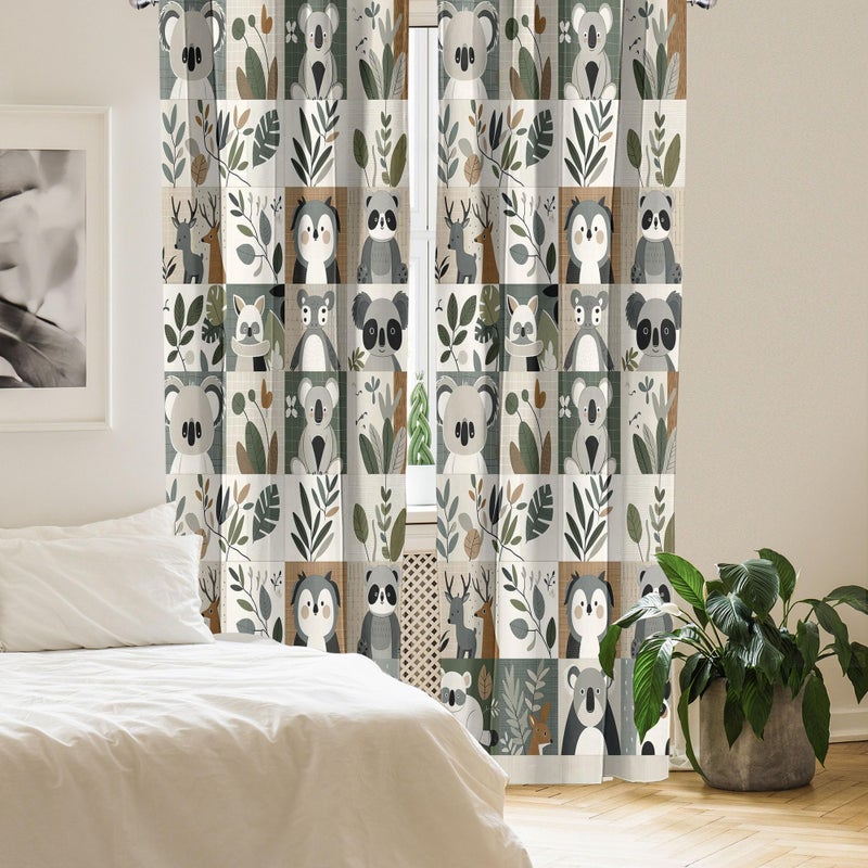 Ambesonne Animals Window Curtains Pack of 2  Cartoon Woodland Art with Exotic Leaves Koala and Deer Pattern Checkered  Lightweight Set with Rod Pocket  4 Panels of - 28"" x 84""  Blue Grey Pale Taupe - Image 3