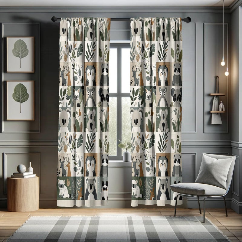 Ambesonne Animals Window Curtains Pack of 2  Cartoon Woodland Art with Exotic Leaves Koala and Deer Pattern Checkered  Lightweight Set with Rod Pocket  4 Panels of - 28"" x 84""  Blue Grey Pale Taupe - Image 5