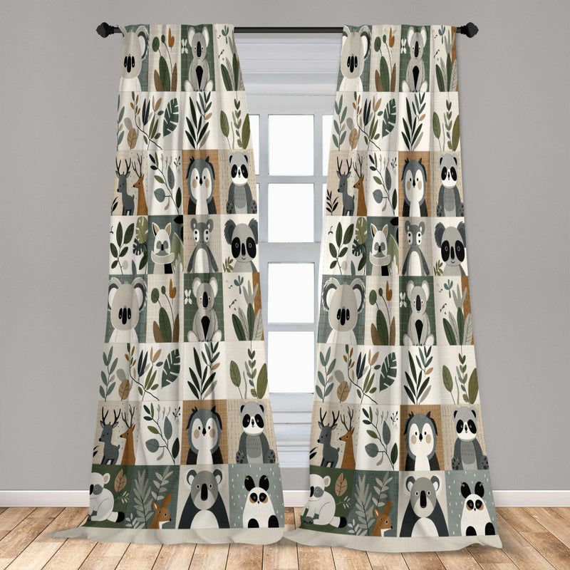 Ambesonne Animals Window Curtains Pack of 2  Cartoon Woodland Art with Exotic Leaves Koala and Deer Pattern Checkered  Lightweight Set with Rod Pocket  4 Panels of - 28"" x 84""  Blue Grey Pale Taupe - Image 4