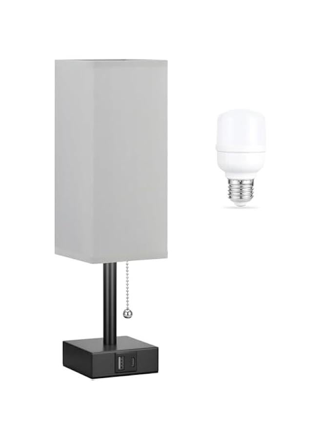 هوكور SupWolf Gray Small Bedroom Lamp - 3 Color Temperature 2700K 5000K 3500K Bedside Lamp, Pull Chain Control, USB A and C Charging Ports, Black Base, for Kids Office Dorm, Bulb Included - Image 1