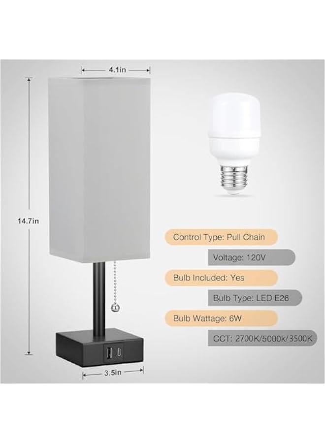 هوكور SupWolf Gray Small Bedroom Lamp - 3 Color Temperature 2700K 5000K 3500K Bedside Lamp, Pull Chain Control, USB A and C Charging Ports, Black Base, for Kids Office Dorm, Bulb Included - Image 5