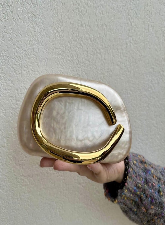 CUXVA Acrylic Clutch Purse for Women Classic Round Acrylic Evening Handbag Vintage Metal Handlebars Bag for Wedding Party Prom, Pearl - Image 2