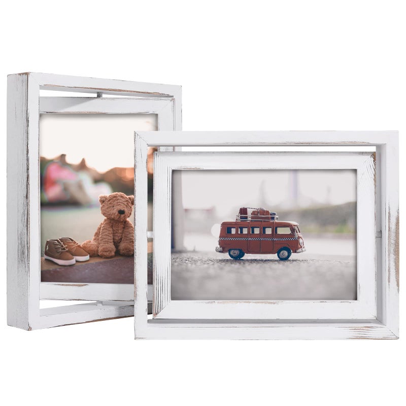 Egofine 2 Pack 5x7 Rotating Floating Picture FramesDoubleSided Display with HD Glass Front Wooden Distressed Frame for Vertical or Horizontal Tabletop Display White
