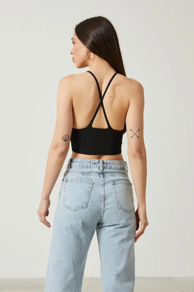 توينتي3 Women's Super Crop Back Detailed Knitwear Bustier Blouse
