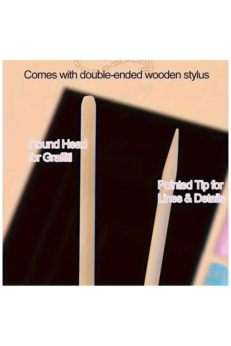 LIXADA مجموعة دفاتر ورق جرافيتي ملون للأطفال، دفتر رسم جرافيتي قوس قزح الإبداعي مع قلم خشبي، مجموعة فنون وحرف ممتعة وتعليمية للأعمار من 3-6 سنوات - فن الخدش السحري - Image 4