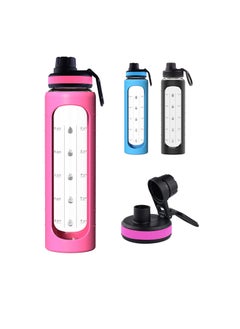 Excefore 32 oz Glass Water Bottle with Time Marks and Silicone Sleeve - Flip Lid, Motivational Water Bottles for Hydration, Reusable, Wide Mouth, Leakproof, 1 Liter Glass Drinking Bottle, BPA Free  - Image 1