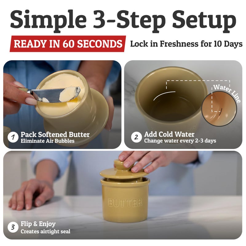 Priority Chef PriorityChef Butter Crock with Lid with Water Line, Ceramic French Butter Dish to Leave On Counter, Khaki - Image 3