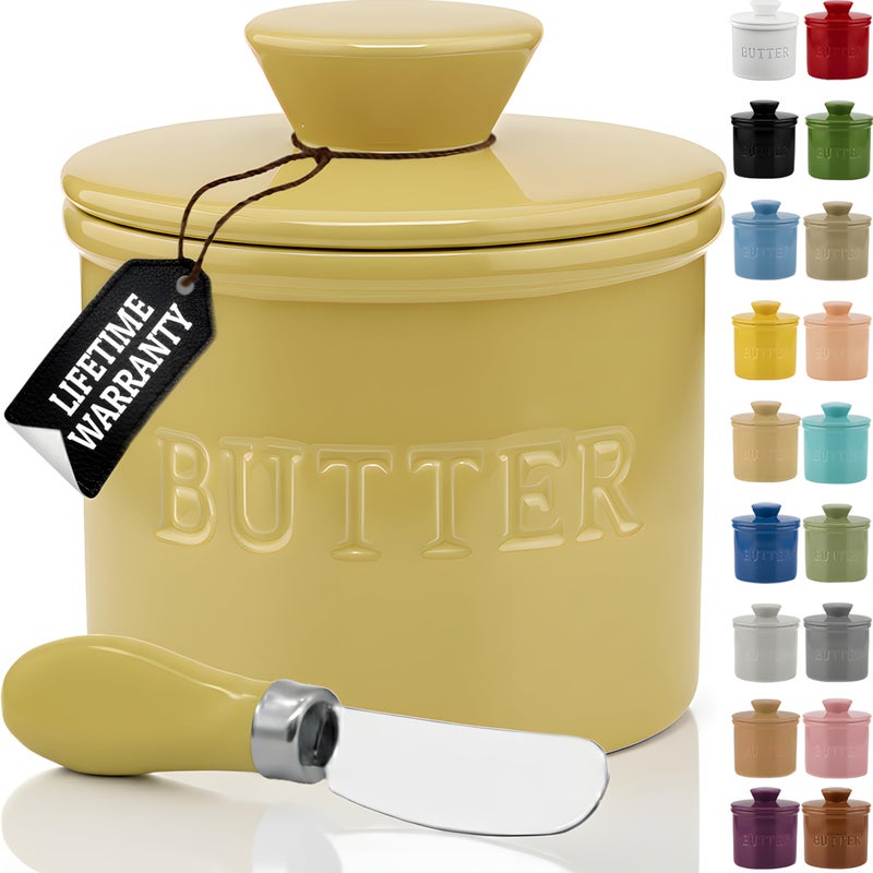 Priority Chef PriorityChef Butter Crock with Lid with Water Line, Ceramic French Butter Dish to Leave On Counter, Khaki - Image 1
