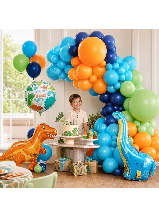 طقم قوس بالونات عيد ميلاد بتصميم الديناصورات 108 قطعة، بالونات أزرق وبرتقالي وأخضر مع 3 بالونات فويل لحفلات الأطفال والأولاد - Image 1