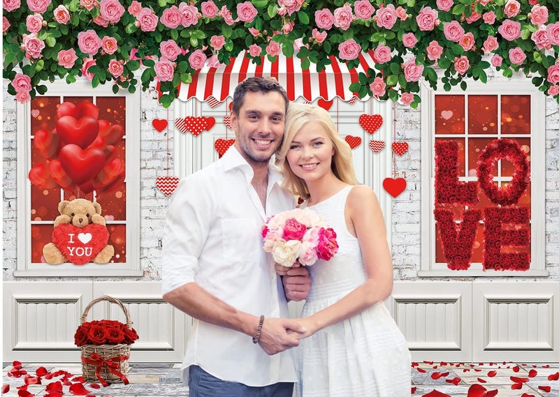 CYLYH 8X6FT Valentine's Day Backdrop Valentine's Day Store Backdrop Pink Rose Flower Brick Wall Background Love Wedding Bridal Shower Party Backdrops D807 - Image 3