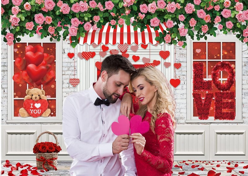 CYLYH 8X6FT Valentine's Day Backdrop Valentine's Day Store Backdrop Pink Rose Flower Brick Wall Background Love Wedding Bridal Shower Party Backdrops D807 - Image 4