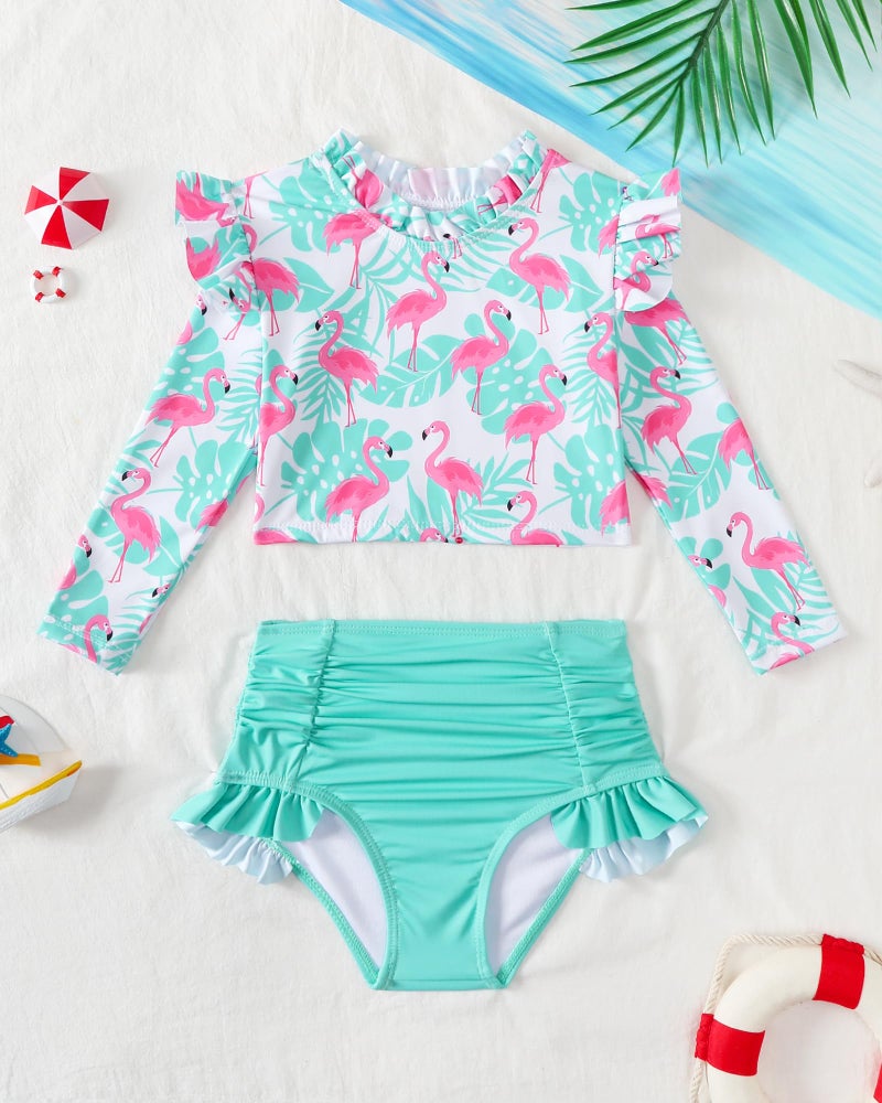 Mioglrie Toddler Long Sleeve Swimsuit Girl 2 Years Old Long Sleeve Rash Guard Swimwear Two Piece Set Lightweight Quick Drying Bathing Suits for Beach Green - Image 3