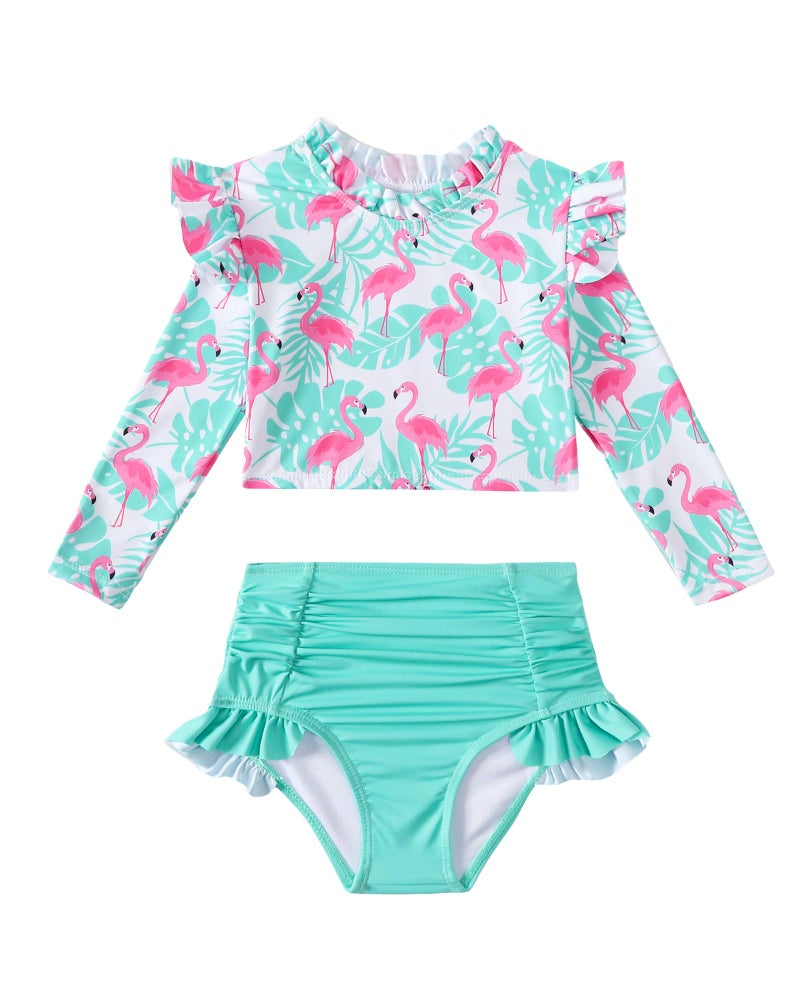 Mioglrie Toddler Long Sleeve Swimsuit Girl 2 Years Old Long Sleeve Rash Guard Swimwear Two Piece Set Lightweight Quick Drying Bathing Suits for Beach Green - Image 1