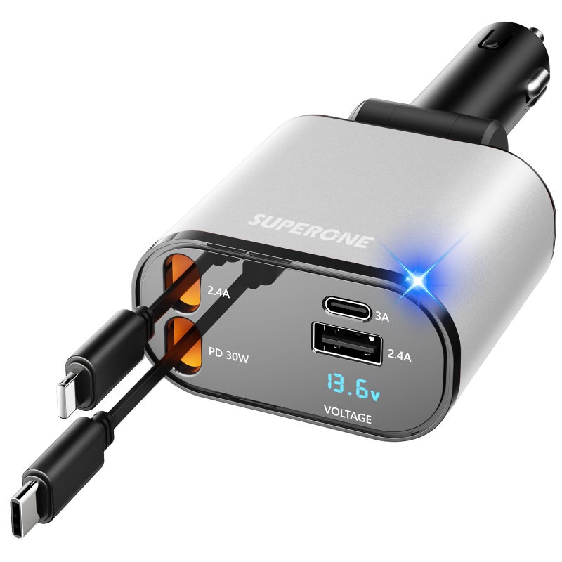 SUPERONE ã€Upgradedã€‘ SUPERONE Retractable Car Charger 4 in 1, Fast Car Phone Charger with Cord 2.6ft, USB C and Apple Car Charger Adapter, Compatible with iPhone 17/16/15/15 Pro Max/14/13/12/11, Galaxy, Pixel - Image 1