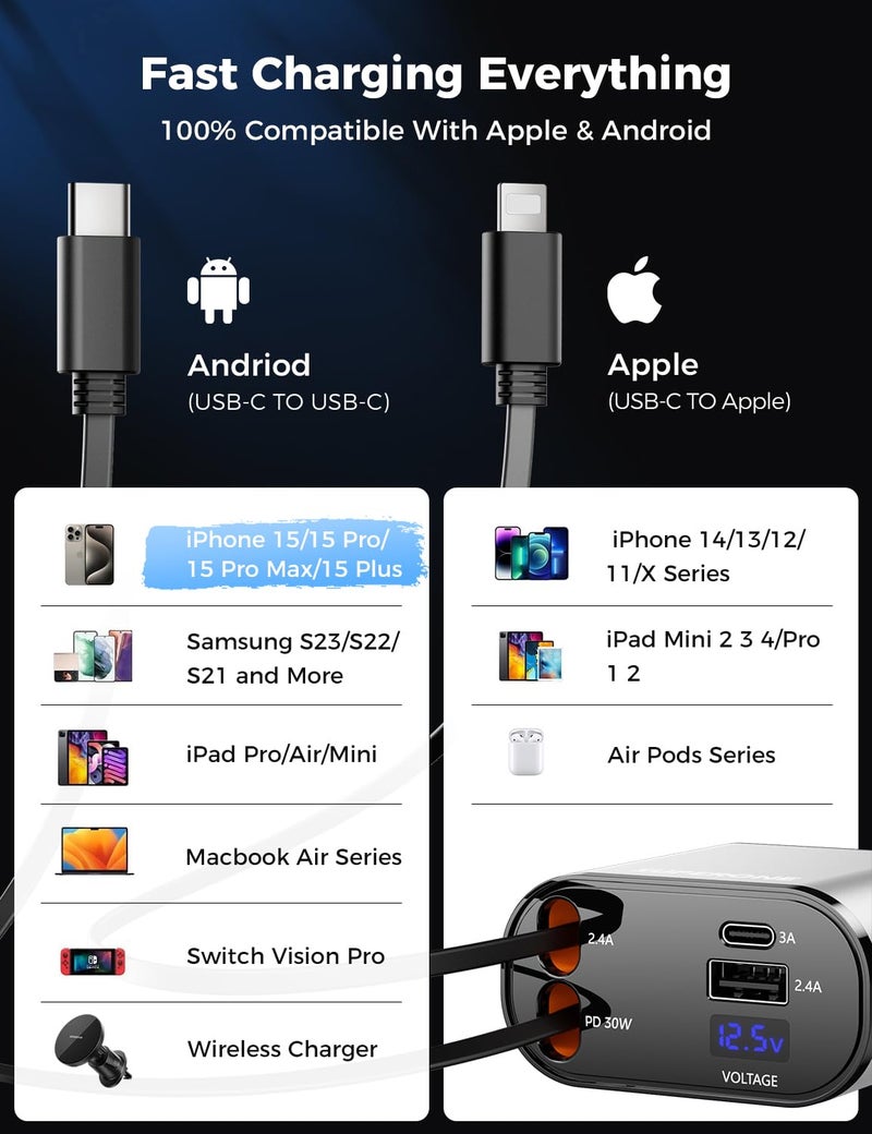 SUPERONE ã€Upgradedã€‘ SUPERONE Retractable Car Charger 4 in 1, Fast Car Phone Charger with Cord 2.6ft, USB C and Apple Car Charger Adapter, Compatible with iPhone 17/16/15/15 Pro Max/14/13/12/11, Galaxy, Pixel - Image 5