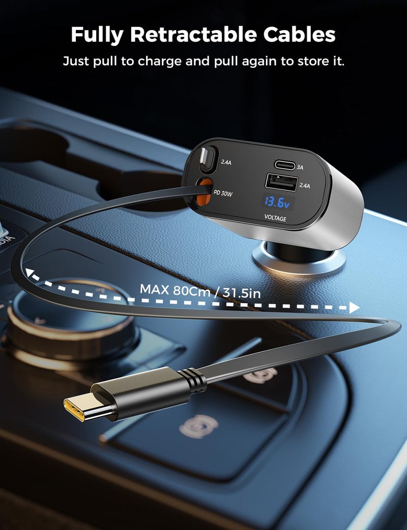 SUPERONE ã€Upgradedã€‘ SUPERONE Retractable Car Charger 4 in 1, Fast Car Phone Charger with Cord 2.6ft, USB C and Apple Car Charger Adapter, Compatible with iPhone 17/16/15/15 Pro Max/14/13/12/11, Galaxy, Pixel - Image 2