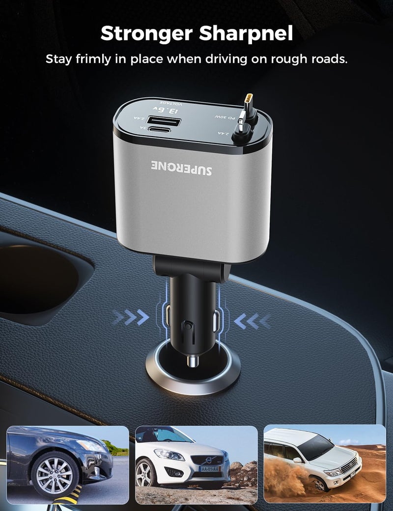SUPERONE ã€Upgradedã€‘ SUPERONE Retractable Car Charger 4 in 1, Fast Car Phone Charger with Cord 2.6ft, USB C and Apple Car Charger Adapter, Compatible with iPhone 17/16/15/15 Pro Max/14/13/12/11, Galaxy, Pixel - Image 4