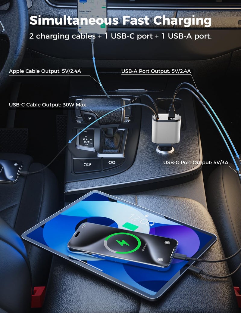 SUPERONE ã€Upgradedã€‘ SUPERONE Retractable Car Charger 4 in 1, Fast Car Phone Charger with Cord 2.6ft, USB C and Apple Car Charger Adapter, Compatible with iPhone 17/16/15/15 Pro Max/14/13/12/11, Galaxy, Pixel - Image 3