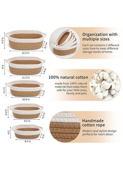 Arabest Oval Storage Basket 5 Pieces Set-Natural Cotton Rope Woven Basket, Storage Box for Organizing Small Baskets Dog Toy Basket with Handle, Cat Toy Box, Bathroom Organizer Bucket  - Image 2