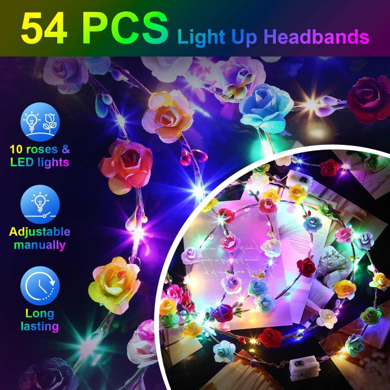 HONLYNE 54 PCS LED Flower Crowns Headbands, Light Up Flower Crowns For Women, Glow in the Dark Headband for Wedding Reception Mardi Gras Cosplay Princess Party Favors Birthday Christmas Halloween - Image 3