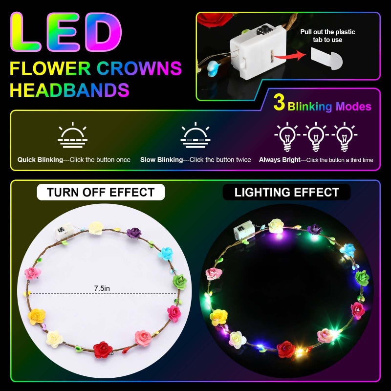 HONLYNE 54 PCS LED Flower Crowns Headbands, Light Up Flower Crowns For Women, Glow in the Dark Headband for Wedding Reception Mardi Gras Cosplay Princess Party Favors Birthday Christmas Halloween - Image 2