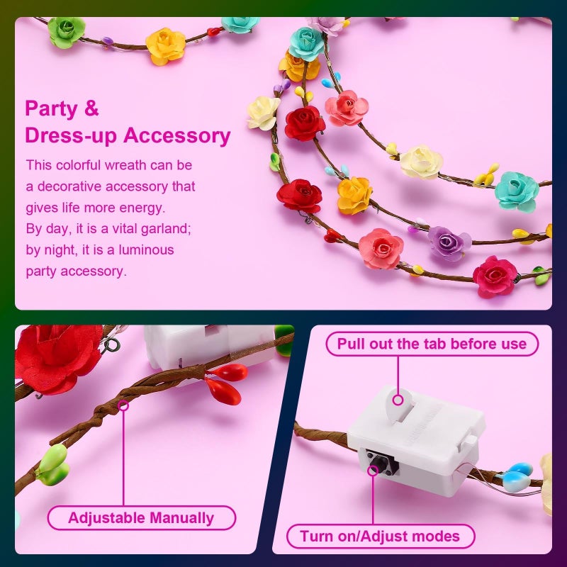 HONLYNE 54 PCS LED Flower Crowns Headbands, Light Up Flower Crowns For Women, Glow in the Dark Headband for Wedding Reception Mardi Gras Cosplay Princess Party Favors Birthday Christmas Halloween - Image 4
